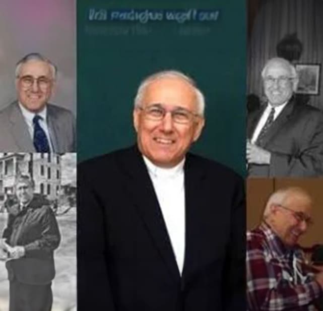 A collage of photos with an older man in the middle.